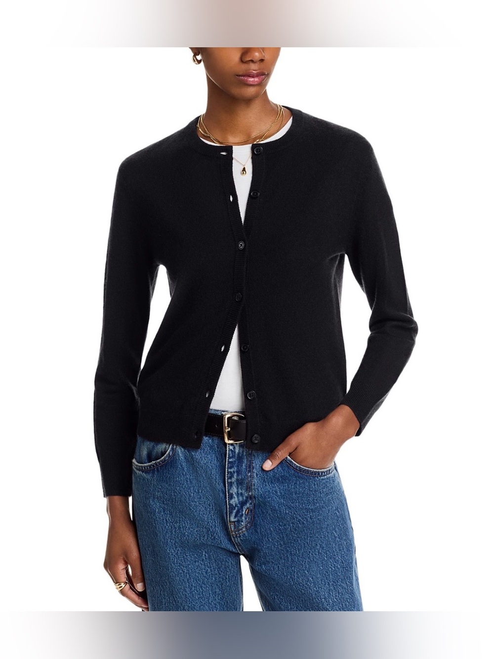 C by Bloomingdale's Cashmere Black Crewneck Button Cardigan